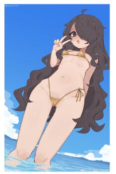 Rule 34 | 1girl, @ @, absurdres, ahoge, bikini, black eyes, black hair, blush, breasts, commentary, female pubic hair, hair over one eye, highres, long hair, micro bikini, navel, original, outdoors, pubic hair, sky, small breasts, solo, swimsuit, unarsite, v