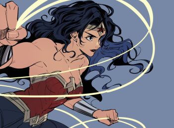 1girl armor armored_dress armpits artist_name bare_shoulders biceps black_hair blue_background blue_eyes blue_skirt bracer breasts cleavage collarbone dc_comics dress earrings facing_to_the_side floating_hair gold_tiara gold_trim hair_over_shoulder highres hokkemaruyaki holding_lasso jewelry lasso lasso_of_truth lips long_hair looking_to_the_side mature_female medium_breasts miniskirt parted_lips red_dress red_lips short_dress sidelocks signature simple_background skirt sleeveless sleeveless_dress solo strapless strapless_dress stud_earrings superhero_costume tiara toned toned_female twitter_username upper_body wavy_hair wonder_woman wonder_woman_(series)