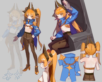 Rule 34 | 1girl, armor, back, black pantyhose, blonde hair, blue shrug, bra, bridgeless bra, cat ear panties, chain, closed mouth, coattails, dgim1166, doodle inset, grey background, highres, horns, humanization, long hair, long sleeves, multiple views, no shirt, on throne, panties, panties under pantyhose, pantyhose, pauldrons, pointy ears, shoulder armor, shrug (clothing), simple background, sitting, slay the spire, slay the spire 2, star (symbol), tailcoat, the regent (slay the spire), throne, twintails, underwear, very long hair, yellow eyes