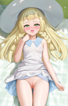 1girl :o absurdres bare_arms blonde_hair blunt_bangs blush braid breasts cleft_of_venus clothes_lift covered_erect_nipples cowboy_shot dakimakura_(medium) dress dress_lift gluteal_fold green_eyes hat highres keine09 lillie_(pokemon) loli long_hair looking_at_viewer lying nintendo nose_blush on_back pokemon pokemon_sm pussy sleeveless sleeveless_dress small_breasts solo sun_hat tongue tongue_out twin_braids white_dress white_hat
