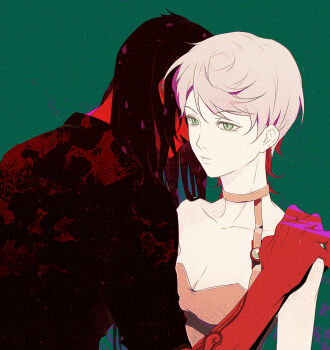 1boy 1girl breasts cleavage commentary diavolo father_and_daughter green_eyes hand_on_another&#039;s_shoulder highres jojo_no_kimyou_na_bouken long_hair pink_hair polka_dot polka_dot_hair sang_(3soun) trish_una vento_aureo