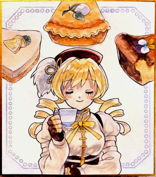 1girl arm_support beret black_gloves black_hat black_outline blonde_hair breasts closed_eyes closed_mouth corset cup detached_sleeves dot_nose drill_hair eyelashes facing_viewer feather_hair_ornament feathers fingerless_gloves flower food food-themed_background fruit gloves gold_trim hair_flower hair_ornament hairpin hand_up happy hat high_collar highres holding holding_cup impossible_clothes large_breasts light_blush long_sleeves magical_girl mahou_shoujo_madoka_magica mahou_shoujo_madoka_magica_(anime) marker_(medium) mint neck_ribbon orange_(fruit) orange_slice outline oversized_food oversized_object painting_(medium) pastry photo_(medium) pie pie_slice polka_dot polka_dot_background puffy_long_sleeves puffy_short_sleeves puffy_sleeves ribbon shikishi short_sleeves simple_background smile solo square swept_bangs teacup tomoe_mami tomoe_mami_(magical_girl) traditional_media twin_drills upper_body uwded_207 watercolor_(medium) whipped_cream white_background yellow_ribbon