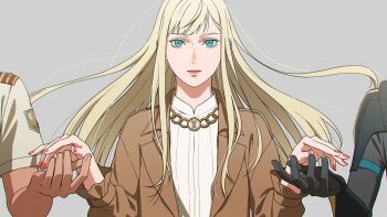 Rule 34 | 1girl, 2boys, aqua eyes, black bodysuit, black gloves, blonde hair, bodysuit, brown jacket, closed mouth, commentary request, gigi andalusia, gloves, gold necklace, grey background, gundam, gundam hathaway's flash, hathaway noa, holding hands, jacket, jewelry, kenneth sleg, light smile, long hair, looking at viewer, mishio, multiple boys, nail polish, necklace, red nails, shirt, straight hair, suit jacket, upper body, white shirt