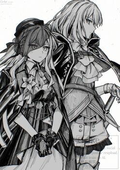 2girls ascot aver_(yumenokessho) bang_dream! bang_dream!_it&#039;s_mygo!!!!! cape commentary dated doloris_(bang_dream!) dress flower gloves greyscale hat jacket jacket_on_shoulders light_particles long_hair medium_hair misumi_uika monochrome multiple_girls paperca-ke shorts sword togawa_sakiko veil weapon yumenokessho