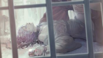 2boys aged_down bare_shoulders bars bleeding blood blurry bokeh bruise chain collar collarbone commentary_request cuffs deep_skin depth_of_field dirty dirty_face dutch_angle empty_eyes flower from_outside from_side grey_hair half-closed_eyes hand_on_another&#039;s_thigh highres holding in_cell injury kneeling leg_up light_particles lily_of_the_valley long_sleeves lying male_focus multiple_boys mushiaki_mushikera nosebleed off_shoulder on_back on_ground out_of_frame pale_skin prison prison_cell profile rape robe rope saiunkoku_monogatari sash shackles shi_seiran solo_focus white_flower yaoi