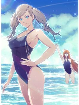 atlus beach blonde_hair blue_eyes blue_one-piece_swimsuit breasts competition_swimsuit corner50777313 glasses highres large_breasts long_blonde_hair long_hair one-piece_swimsuit orange_hair persona persona_5 sakura_futaba smile swimsuit takamaki_anne twintails water waving wet wet_clothes wet_one-piece_swimsuit wet_swimsuit
