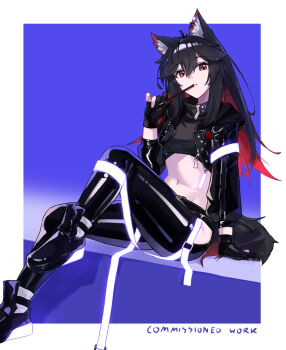 1girl ambience_synesthesia animal_ears arknights black_gloves black_hair black_pants black_skirt blue_background border brown_eyes clothing_cutout colored_inner_hair commission crop_top cropped_jacket food genieko gloves highres hip_vent holding holding_food jacket latex_pants long_sleeves looking_at_viewer midriff multicolored_hair navel official_alternate_costume open_clothes open_jacket outside_border pants parted_lips partially_fingerless_gloves pocky red_hair simple_background sitting skirt solo tail texas_(arknights) unzipped white_border wolf_ears wolf_girl wolf_tail zipper_pull_tab