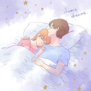 1boy 1girl aged_up aida_kensuke bed bed_sheet brown_hair closed_eyes evangelion:_3.0+1.0_thrice_upon_a_time holding long_hair neon_genesis_evangelion pillow rebuild_of_evangelion sleeping souryuu_asuka_langley