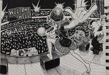 6+girls absurdres animal_ears barefoot bow chain closed_mouth commentary commentary_request dalachi_(headdress) earth_(ornament) english_commentary english_text frog_hair_ornament glowstick hair_bow hair_ornament hair_tubes hakurei_reimu hat hat_bow hecatia_lapislazuli highres holding holding_glowstick holding_instrument holding_microphone instrument instrument_request junko_(touhou) kirisame_marisa kochiya_sanae long_hair microphone mixed-language_commentary moon_(ornament) multiple_girls music open_mouth photo_(medium) playing_instrument rabbit_ears rabbit_girl reisen_udongein_inaba shirt shoes singing skirt smile suteruko tabard toes touhou traditional_media underworld_(ornament) witch_hat