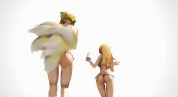 2girls 3d animal_ears animated animated_gif ass bikini blonde_hair bouncing_breasts breasts dancing fox_ears fox_tail horns hoshiguma_yuugi long_hair lowres multiple_girls short_hair single_horn swimsuit tail thong touhou yakumo_ran