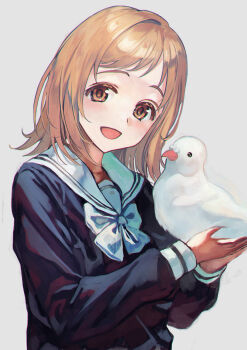 1girl :d animal bird black_shirt blonde_hair bow brown_eyes commentary grey_background highres holding holding_animal idolmaster idolmaster_shiny_colors light_blush looking_at_viewer medium_hair open_mouth otsudou sailor_collar sakuragi_mano shirt simple_background smile solo straight_hair upper_body white_bird white_bow white_sailor_collar