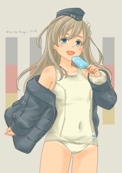 Rule 34 | 1girl, absurdres, black jacket, blonde hair, blue eyes, blush, cowboy shot, eating, food, garrison cap, grey background, hair ribbon, hashtag-only commentary, hat, highres, ice cream, jacket, kantai collection, long hair, long sleeves, looking at viewer, old school swimsuit, one-piece swimsuit, open clothes, open jacket, open mouth, popsicle, pot-de, ribbon, school swimsuit, simple background, smile, swimsuit, swimsuit under clothes, u-511 (kancolle), u-511 (swimsuit) (kancolle), white one-piece swimsuit