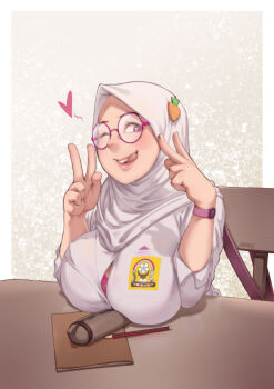 Rule 34 | 1girl, breasts, carrot hair ornament, double v, food-themed hair ornament, glasses, hair ornament, heart, highres, hijab, hijabolic, large breasts, licking lips, looking at viewer, one eye closed, original, pencil, pink-framed eyewear, round eyewear, shirt, solo, tongue, tongue out, v, white hijab, white shirt