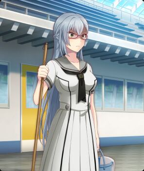 1girl ayanokouji_martial_arts_school_uniform black_neckerchief bleachers blue_sky braid breasts bucket checkered_floor closed_mouth cloud collarbone day door dot_nose dress game_cg glasses grey_sailor_collar half_up_braid holding holding_bucket holding_mop indoors kitora_mirja large_breasts long_hair mop neckerchief official_art purple-framed_eyewear ringed_eyes sailor_collar school_uniform shaded_face short_sleeves sky skylight solo third-party_source tile_floor tiles toji_no_miko toji_no_miko:_kizamishi_issen_no_tomoshibi towel very_long_hair white_dress yellow_eyes