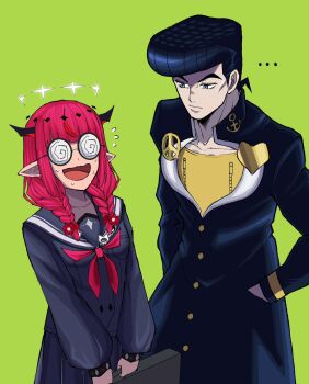 ... 1boy 1girl anchor_ornament anchor_symbol black_horns black_pants black_serafuku black_shirt black_skirt braid coke-bottle_glasses collarbone commentary crossover demon_girl demon_horns diamond_wa_kudakenai emergence_(shindol) english_commentary flying_sweatdrops gakuran glasses green_background halo hands_in_pockets higashikata_josuke highres hololive hololive_english horns ice_(10222) irys_(gaming_casual)_(hololive) irys_(hololive) jojo_no_kimyou_na_bouken looking_at_another low_twin_braids neckerchief nervous_smile nervous_sweating official_alternate_costume official_alternate_hairstyle open_mouth pants peace_symbol pompadour red_hair red_neckerchief round_eyewear school_uniform serafuku shirt simple_background skirt smile sweat twin_braids virtual_youtuber yellow_shirt