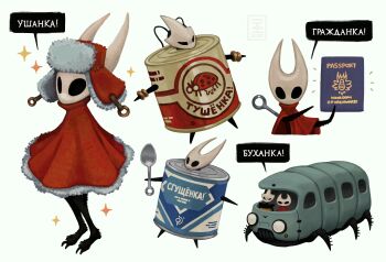 2girls artist_logo can canned_food cloak commentary condensed_milk english_commentary fur-trimmed_cloak fur_trim hat highres hollow_knight hollow_knight:_silksong hornet_(hollow_knight) ivan_khoroshev logo multiple_girls multiple_views passport pun red_cloak russian_text shakra_(hollow_knight) simple_background translated uaz-452 ushanka white_background
