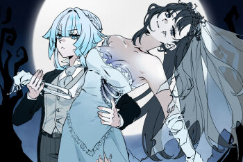 2girls :&lt; bare_shoulders black_hair blue_eyes blue_hair bridal_veil cerydra_(honkai:_star_rail) dress grey_vest grin honkai:_star_rail honkai_(series) hysilens_(honkai:_star_rail) jjooeeuumm long_hair long_sleeves looking_at_viewer multiple_girls skeletal_arm smile strapless strapless_dress torn_clothes torn_veil veil very_long_hair vest white_dress