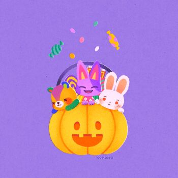 1girl 2boys animal_crossing artist_name bear bob_(animal_crossing) candy cat food halloween halloween_bucket koyono multiple_boys nintendo purple_background rabbit ruby_(animal_crossing) stitches_(animal_crossing) stuffed_animal stuffed_toy