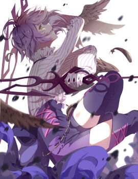 1girl :d ahoge boots commentary_request evil_grin evil_smile frills gloves grin holding holding_sword holding_weapon honkai_(series) honkai_gakuen looking_at_viewer multicolored_hair open_mouth pink_hair purple_boots purple_hair purple_shorts sharp_teeth shiosakana shirt short_hair shorts simple_background sin_mal smile solo sword teeth thigh_boots two-tone_hair weapon white_background white_gloves white_shirt yellow_eyes