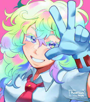 1girl artist_name blue_eyes blue_gloves blue_streaks boku_no_hero_academia breasts collared_shirt commentary dated english_commentary floatzxs gloves green_eyes green_hair green_streaks hagakure_toru highres large_breasts long_hair messy_hair multicolored_eyes multicolored_hair necktie pink_background pink_streaks pleated_skirt red_necktie school_uniform shirt signature skirt streaked_hair thick_eyelashes u.a._school_uniform white_shirt