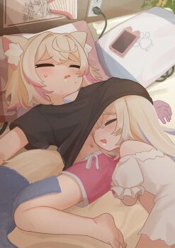 2girls absurdres animal_ear_fluff animal_ears barefoot black_shirt blonde_hair blue_hair closed_eyes commentary dog_ears dog_girl english_commentary fuwawa_abyssgard highres hololive hololive_english long_hair mococo_abyssgard multicolored_hair multiple_girls nanachides navel paid_reward_available phone pink_hair shirt shorts siblings sisters sleeping spread_legs streaked_hair tail twins