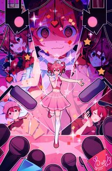 @_@ absurdres ahoge boom_microphone dancing drill_hair hair_ribbon highres holding holding_microphone idol_clothes kasane_teto kasane_teto_(sv) looking_at_viewer microphone multiple_views music orri_(iirokagi) pink_eyes pink_hair pink_shoes pink_skirt ribbon scarf shirt shoes singing skirt sleeveless sleeveless_shirt smile socks spoken_for_(synthesizer_v) spotlight stage synthesizer_v twin_drills utau white_ribbon white_scarf white_socks