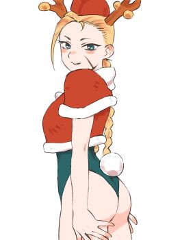 1girl aqua_eyes ass beret blonde_hair blush braid breasts cammy_white capelet christmas cowboy_shot facial_scar fake_antlers fur-trimmed_capelet fur_trim gan2 green_leotard hands_on_own_thighs hat highres leotard light_blush long_hair looking_at_viewer medium_breasts nose_blush parted_lips rabbit_tail red_capelet red_hat scar scar_on_cheek scar_on_face solo street_fighter tail twin_braids white_background