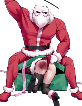 1boy 1girl arm_up ass ass_smack beard belt black_belt black_shoes black_thighhighs box cat_cube colored_skin commentary_request copyright_request facial_hair fur-trimmed_jacket fur_trim gift gift_box high_heels holding jacket muscular muscular_male original pants pussy red_jacket red_pants red_shoes santa_costume shoes sitting spanked spanking thighhighs whipping white_skin