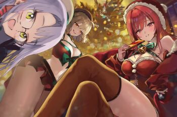 3girls absurdres anis_(nikke) black-framed_eyewear black_thighhighs breasts brown_hair christmas_tree cleavage closed_mouth commentary dress english_commentary fur-trimmed_dress fur_trim glasses goddess_of_victory:_nikke grey_hair hat highres large_breasts long_hair looking_at_viewer multiple_girls neon_(nikke) open_mouth rapi_(nikke) red_dress red_eyes red_hair red_hat red_skirt riyu_(nfxd3424) santa_costume santa_hat skirt smile thighhighs yellow_eyes