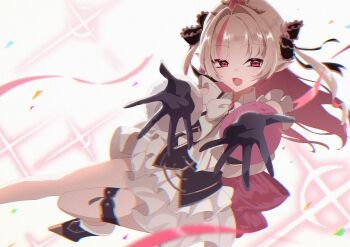 Rule 34 | 1girl, asymmetrical gloves, back ribbon, black corset, black gloves, black ribbon, black shoes, black vest, blush, bow, bowtie, brooch, collared shirt, colored inner hair, confetti, corset, cropped vest, fang, foot out of frame, frilled ribbon, frilled shirt, frilled skirt, frilled sleeves, frills, fur-trimmed gloves, fur trim, gloves, gold trim, grey hair, hair intakes, hair ornament, hair ribbon, heart-shaped gem, highres, idol clothes, jewelry, layered skirt, long hair, looking at viewer, makaino ririmu, miniskirt, mismatched gloves, multicolored hair, nijisanji, nijisanji idol uniform, official alternate costume, open clothes, open mouth, open vest, outstretched arms, pink fur, pink hair, pink ribbon, pink streaks, pointy ears, rabbit hair ornament, reaching, reaching towards viewer, red eyes, ribbon, shirt, shoes, sidelocks, skin fang, skirt, smile, solo, sparkle, streaked hair, thigh strap, tiara, tlt00tlt, two-tone hair, two side up, vest, virtual youtuber, white background, white bow, white bowtie, white fur, white shirt, white skirt