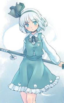 1girl black_bow black_bowtie black_hairband black_ribbon blue_eyes blush bow bowtie collared_shirt commentary_request feet_out_of_frame flower frilled_skirt frills ghost_print gradient_background green_skirt green_vest grey_background grey_hair hair_ribbon hairband holding holding_sheath knees konpaku_youmu konpaku_youmu_(ghost) long_sleeves one-hour_drawing_challenge parted_lips pink_flower rangycrow ribbon sheath sheathed shirt short_hair skirt solo sword touhou vest weapon white_shirt