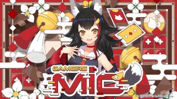 1girl absurdres animal_ear_fluff animal_ears bell black_hair black_shirt black_skirt black_sleeves card character_name choker commentary_request company_name copyright_notice detached_sleeves flipped_hair hair_ornament highres hololive hololive_dreams long_hair looking_at_viewer multicolored_hair official_art ookami_mio ookami_mio_(1st_costume) orange_eyes red_choker red_streaks sailor_collar shirt skirt sleeveless sleeveless_shirt smile solo two-tone_hair virtual_youtuber white_sailor_collar wolf_ears wolf_girl