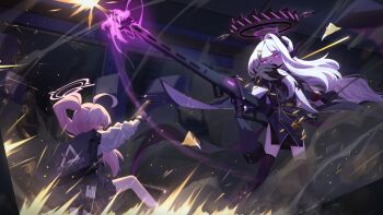 2girls ahoge armband battle black_boots black_coat black_halo black_skirt black_thighhighs blue_archive blush boots coat coat_on_shoulders commentary_request demon_girl demon_horns demon_wings gun hair_ornament hairclip halo handgun highres hina_(blue_archive) holding holding_gun holding_weapon horns hoshino_(armed)_(blue_archive) hoshino_(blue_archive) kis_sako long_hair machine_gun mg42 multiple_girls pink_hair pink_halo purple_eyes red_armband skirt spoilers thighhighs train weapon white_hair wings