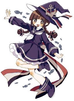 1girl anchor blue_dress blush boots braid bright_pupils brown_hair cuffs dress fish frills full_body funamusea grey_eyes hair_ribbon hat hat_ornament highres hime_cut leg_up long_sleeves looking_at_viewer neckerchief oounabara_to_wadanohara open_mouth outstretched_arm pointy_ears ribbon sailor_collar sailor_dress senku simple_background skirt smile solo striped_ribbon twin_braids wadanohara white_background white_neckerchief white_pupils witch_hat