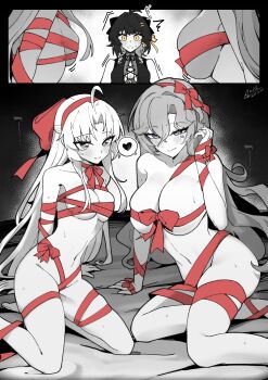 3girls ahoge aqua_eyes bare_shoulders blush bow breasts cantarella_(wuthering_waves) carlotta_(wuthering_waves) closed_mouth clothed_female_nude_female commentary_request dated earrings facial_mark female_rover_(wuthering_waves) hair_between_eyes hair_bow hair_ornament hair_ribbon hairband hairclip hand_up heart highres jewelry large_breasts long_hair looking_at_viewer mark_under_eye medium_breasts mole mole_under_eye multiple_girls naked_ribbon navel nude paid_reward_available parallel_hairclips parted_bangs parted_lips red_bow red_hairband ribbon rover_(wuthering_waves) signature smile spoken_heart starblame stomach sweat triangle_earrings wuthering_waves yellow_eyes yellow_ribbon yuri