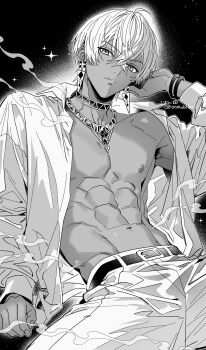030dollar 1boy abs belt dark_skin earrings hair_between_eyes ibrahim_(nijisanji) jewelry male_focus monochrome muscular muscular_male nijisanji nipples open_clothes open_shirt pants shirt short_hair solo