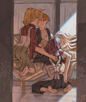1boy 2girls absurdres ac120 age_difference barefoot blonde_hair book brown_hair commentary doorway dress english_commentary feet ffm_threesome group_sex highres implied_fellatio incest kiss lillia_greyrat maid maid_headdress mother_and_son multiple_girls mushoku_tensei onee-shota open_clothes open_shirt ponytail rudeus_greyrat shota sitting soles threesome toes zenith_greyrat