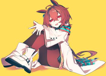 1girl agnes_tachyon_(umamusume) animal_ears black_shirt blush boots brown_hair brown_pantyhose commentary_request cork hair_between_eyes hem_peeking_out highres horse_ears horse_girl horse_tail long_sleeves looking_at_viewer meto_(metrin) open_mouth own_hands_together pantyhose red_eyes shirt short_hair simple_background smile solo steepled_fingers sweater tail test_tube umamusume white_boots wide_sleeves yellow_background yellow_sweater