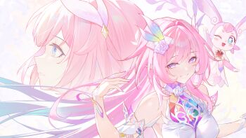 2girls absurdres armlet bare_shoulders blue_eyes breasts commentary cyrene_(aedes_elysiae)_(honkai:_star_rail) cyrene_(honkai:_star_rail) cyrene_(ripples_of_past_reverie)_(honkai:_star_rail) diamond-shaped_pupils diamond_(shape) flower gradient_hair hair_flower hair_intakes hair_ornament hand_up highres honkai:_star_rail honkai_(series) jewelry large_breasts live_(mfwa7572) long_hair looking_at_viewer mem_(honkai:_star_rail) multicolored_hair multiple_girls multiple_persona nail_polish parted_lips pink_hair pink_nails pointy_ears purple_eyes purple_flower purple_rose rose sidelocks smile symbol-shaped_pupils very_long_hair