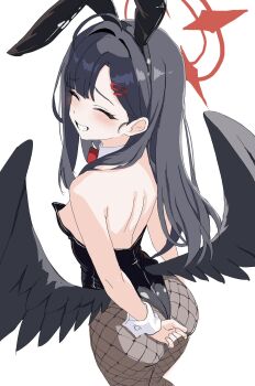 1girl alternate_costume animal_ear_hairband animal_ears ass black_hair black_leotard black_wings blue_archive blush bow bowtie breasts closed_eyes detached_collar fake_animal_ears fake_tail feathered_wings fishnet_pantyhose fishnets hair_ornament hairband hairclip halo highleg highleg_leotard highres ichika_(blue_archive) kamitosayu leotard long_hair looking_back low_wings nipple_slip nipples oversized_breast_cup pantyhose playboy_bunny rabbit_ear_hairband rabbit_ears rabbit_tail red_halo simple_background small_breasts smile solo strapless strapless_leotard tail white_background white_wrist_cuffs wings wrist_cuffs