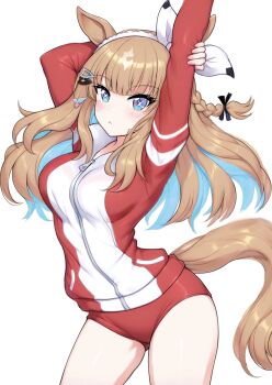 1girl almond_eye_(umamusume) animal_ears arms_up beatsheavens0735 black_ribbon blue_eyes bow braid brown_hair buruma commentary_request cowboy_shot gradient_eyes hair_ornament hair_ribbon hairband hairclip head_tilt highres horse_ears horse_girl jacket long_hair long_sleeves looking_at_viewer multicolored_eyes purple_eyes red_buruma red_jacket ribbon simple_background single_braid solo stretching symbol-shaped_pupils tracen_training_uniform track_jacket track_suit umamusume white_background white_bow white_hairband x-shaped_pupils zipper