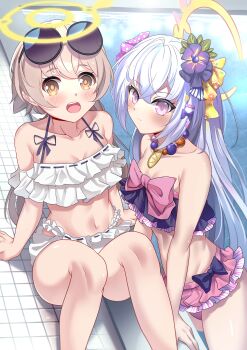 Rule 34 | 2girls, absurdres, azusa (blue archive), azusa (swimsuit) (blue archive), bellfud, bikini, blue archive, blush, breasts, brown eyes, brown hair, cleavage, closed mouth, collarbone, commentary request, feathered wings, halo, hifumi (blue archive), hifumi (swimsuit) (blue archive), highres, long hair, looking at viewer, multiple girls, navel, official alternate costume, open mouth, pink hair, poolside, purple bikini, purple eyes, ruffle bikini, small breasts, smile, stomach, swimsuit, twintails, very long hair, white bikini, white hair, white wings, wings, yellow halo