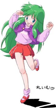 1girl arms_up ayanokouji_rem blush capelet clenched_hands commentary_request dream_hunter_rem full_body green_eyes green_hair kumakumakumat_t leg_up long_hair miniskirt open_mouth panties panty_peek pink_shirt pink_socks purple_capelet red_shoes red_skirt shirt shoes skirt smile socks solo standing standing_on_one_leg thighs underwear white_panties wind wind_lift