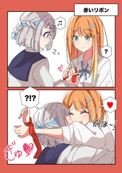 2girls absurdres arms_around_neck blue_eyes blue_ribbon blush bound bound_wrists braid collared_shirt commentary_request gakuen_idolmaster green_eyes hair_ribbon half_up_braid heart highres idolmaster katsuragi_lilja long_hair mole mole_under_eye multiple_girls musical_note orange_hair ribbon ribbon_braid school_uniform serafuku shirt shiun_sumika short_hair smile spoken_heart spoken_musical_note suzuka_202224 white_hair white_shirt yuri