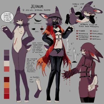 1girl ass bdsm black_bra black_collar black_gloves black_mask blood blood_on_hands body_fur bra breasts bug claws coat collar dildo english_text fly full_body furry furry_female gloves grey_background guro harness highres implied_bisexual insect jejejunum jejenum_(jejejunum) knife nipples original purple_fur purple_hair rabbit_girl red_coat reference_sheet scar scar_across_eye scar_on_face scar_on_stomach sex_toy small_breasts smile standing underwear venus_symbol