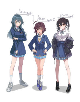 6kus absurdres ahoge antenna_hair bare_legs black_hair black_jacket blazer blue_jacket blue_overskirt blue_ribbon blue_skirt blush brown_hair character_age commentary_request dress_shirt full_body gakuen_idolmaster green_hair hair_flaps hatsuboshi_gakuen_school_uniform height highres idolmaster idolmaster_cinderella_girls in-franchise_crossover jacket jacket_partially_removed looking_at_viewer mole mole_under_eye neck_ribbon pleated_skirt ribbon school_uniform shirt shirt_tucked_in shoes simple_background skirt smile sneakers socks sunazuka_akira sweater tsukimura_temari twintails wakiyama_tamami white_background white_shirt white_socks yellow_sweater