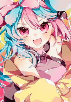 Rule 34 | 1girl, :d, blue hair, bow-shaped hair, electricity, hair ornament, halter shirt, halterneck, highres, iono (pokemon), jacket, long hair, looking at viewer, multicolored hair, nintendo, open mouth, orange background, oversized clothes, pink eyes, pink hair, pokemon, pokemon sv, simple background, sleeves past fingers, sleeves past wrists, smile, solo, to camellia, two-tone hair, upper body, yellow jacket