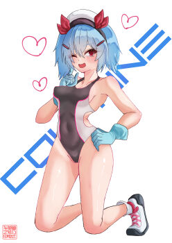 1girl ;d absurdres bare_shoulders blue_eyes blue_gloves blue_hair blush breasts character_name clothing_cutout colphne_(girls'_frontline_2) commentary_request covered_erect_nipples covered_navel finger_to_cheek full_body girls'_frontline girls'_frontline_2:_exilium gloves groin hair_between_eyes hair_ornament hair_ribbon hairclip hand_on_own_hip hand_up happy hat heart highleg highleg_one-piece_swimsuit highres hip_focus kneeling legs_apart looking_at_viewer medium_breasts medium_hair navel one-piece_swimsuit one_eye_closed open_mouth red_eyes red_ribbon ribbon shoes side_cutout skin_tight smile sneakers solo swimsuit thighs twintails umeno_monorail white_hat