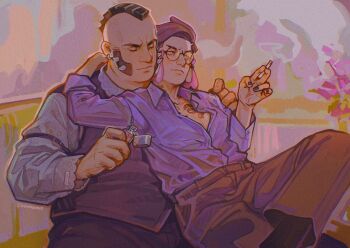 2boys black_nails brown_pants chest_tattoo cigarette closed_eyes closed_mouth collared_shirt commentary conmenn_art corbeau_(pokemon) crossed_legs facial_hair glasses highres holding holding_cigarette holding_lighter lighter long_sleeves male_focus mohawk multiple_boys mutton_chops nail_polish nintendo pants philippe_(pokemon) pokemon pokemon_legends:_z-a purple_shirt round_eyewear shirt short_hair sitting smoke tattoo vest yellow_eyes