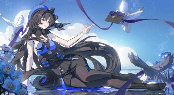 1girl arm_support bare_shoulders beret bird black_boots black_eyes black_hair black_pantyhose black_skirt blue_hat blue_shirt blue_sky boots breasts closed_mouth commentary day envelope hand_up happypuppy hat high-waist_skirt highres long_hair lying medium_breasts on_side outdoors pantyhose parted_bangs reflection reflective_liquid shirt skirt sky smile solo tacet_mark_(wuthering_waves) white_bird wuthering_waves yangyang_(wuthering_waves)